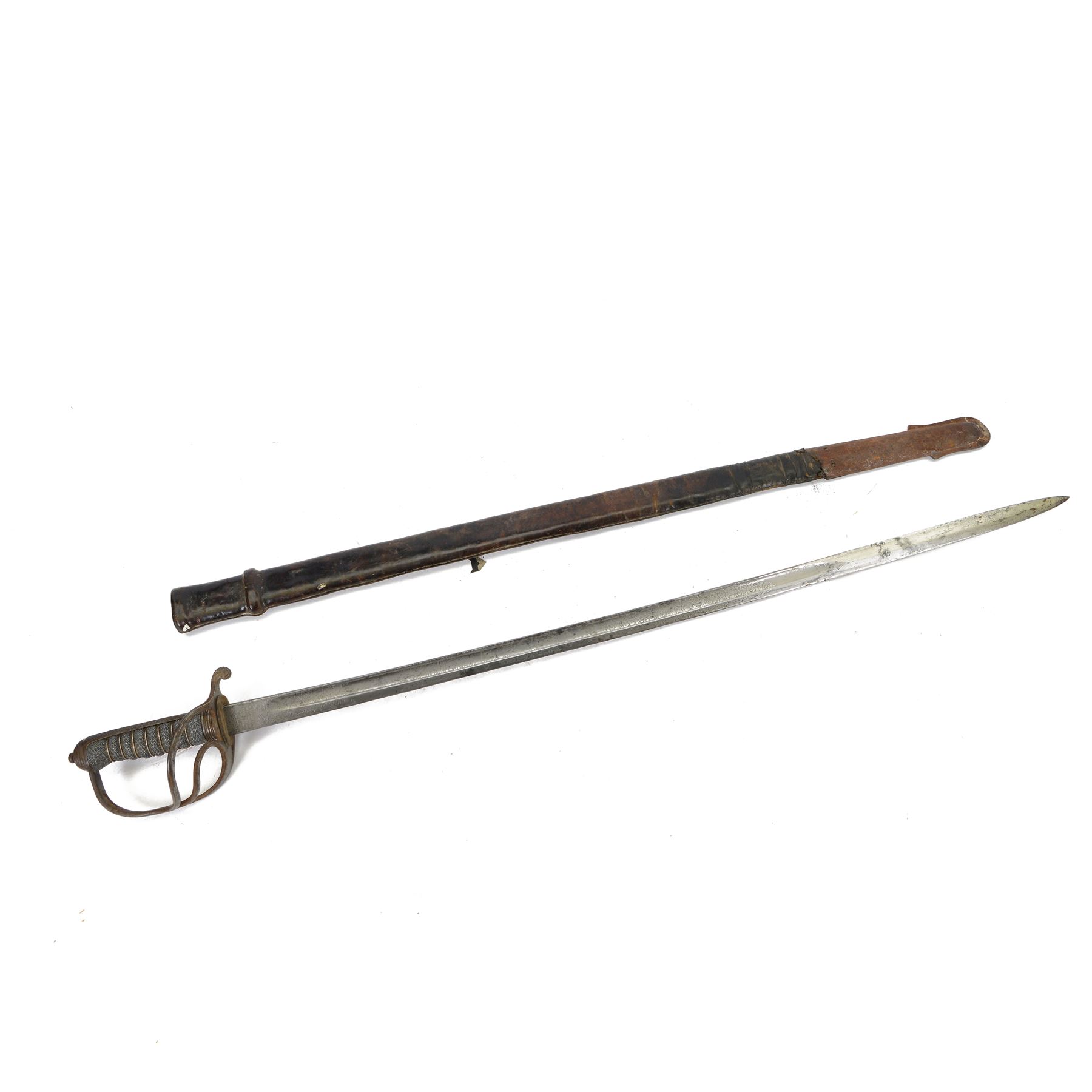 Victorian artillery officer's sword by Henry Wilkinson Pall Mall London, with 89cm steel blade, wirebound fishskin grip, chequered backstrap and stepped domed pommel, in brown leather scabbard, overall L104cm