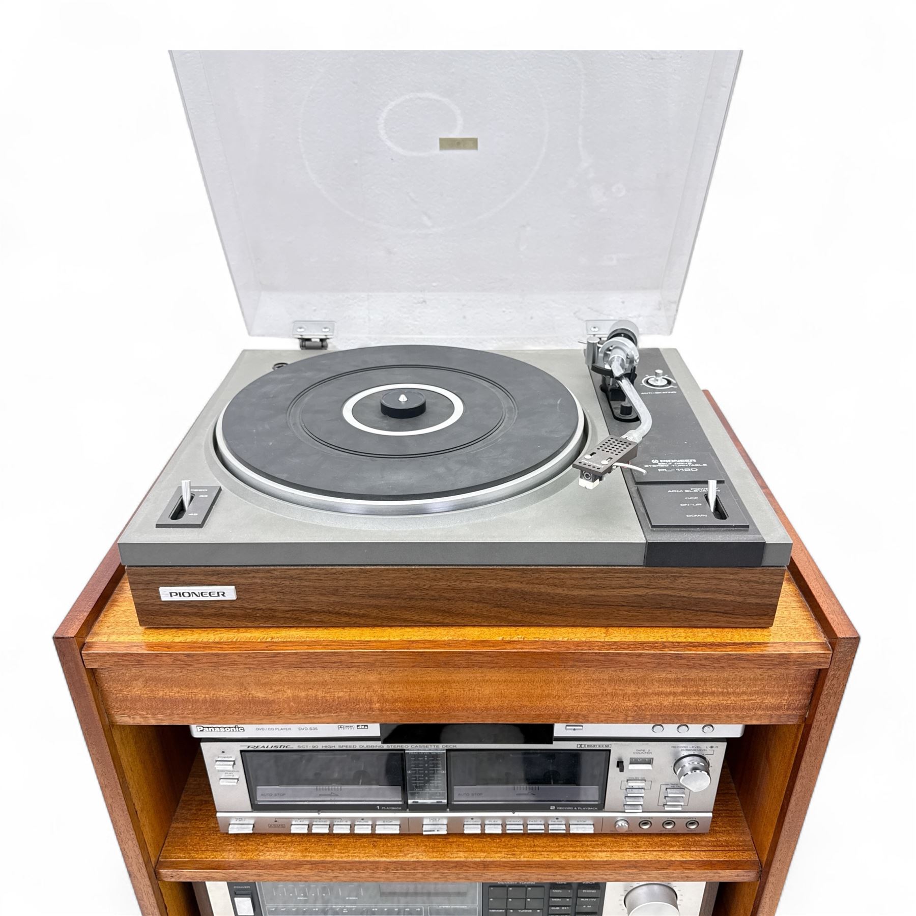 Vintage teak hi-fi cabinet comprising Realistic SCT-90 tape deck, STA 2270 receiver, Optimus 45 stereo speakers, Pioneer PL-1120 turntable,  Panasonic DVD 535 player 