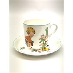 Shelley Boo Boo three piece tea set designed by Mabel Lucie Attwell, comprising teapot modelled as a house, sugar bowl modelled as a toadstool, and creamer modelled as an elf, each with printed marks beneath, together with a Shelley Mabel Lucie Attwell teacup and saucer. 