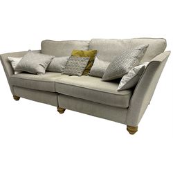 Oak Furnitureland - three-piece lounge suite upholstered in grey fabric, large three-seat sofa (W238cm, D106cm), two-seat sofa (W209cm), and snuggler sofa (W129cm)