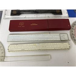 Brass 360 precision drafting protractor by Chadburn bros, in mahogany case, A G Thornton Drawing instruments in a mahogany case, together with P.I.C slide ruler, Nautical protractors etc 