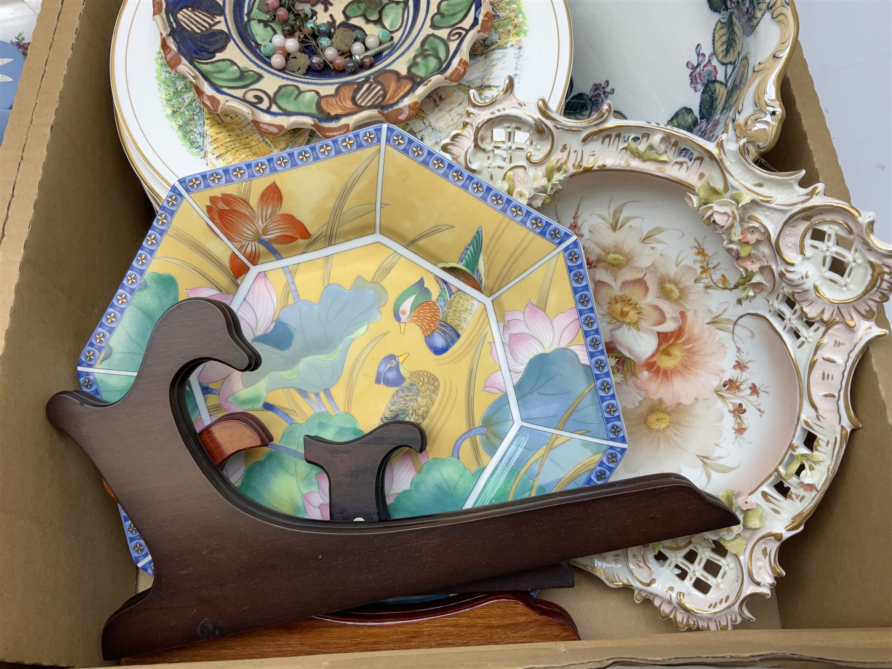 Wedgwood Jasperware lidded cylindrical jar and tulip vase, Spode Copeland's jug, two luster jugs, and other decorative ceramics and collectables, in two boxes 