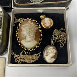 Edwardian 15ct gold stone set brooch, together with 9ct gold bar brooch, 9ct gold cameo brooch and screw back earrings, silver Wedgwood green Jasperware brooch, silver rings, gold plated open face pocket watch, etc