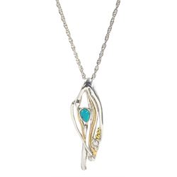 Silver and 14ct gold wire pearl and turquoise pendant necklace, stamped 925 