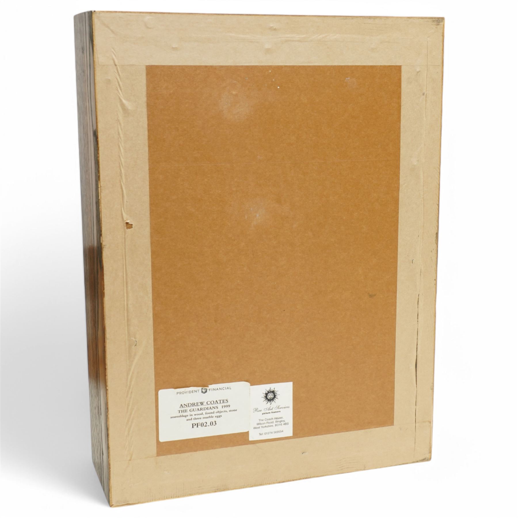 Andrew Coates (British 1939-): 'The Guardians', assemblage in wood, found objects and with three marble eggs, titled and dated 1999 verso, in case, overall 50cm x 37cm