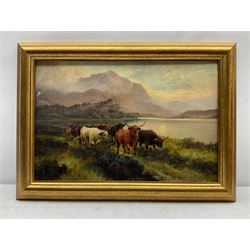 H R Hall (British fl.1866-1902): 'Highland Cattle Loch Ness at Sunset', oil on canvas signed, titled verso 29cm x 45cm