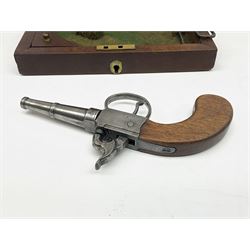 Scratch-built copy of a 19th century percussion cap pistol with 7cm tapering cannon style turn-off barrel, lock-plate inscribed 'F. Fox' and mahogany bag stock L17.5cm overall, in fitted mahogany box with inlaid crest chased mother-of-pearl cartouche and double-ended spanner