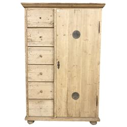 19th century stripped pine larder cupboard, fitted with a bank of six drawers and a single cupboard door with two vents enclosing four shelves, lower moulded edge over compressed bun feet