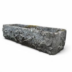 Pair of rectangular weathered cast stone planters, ornate moulded detail