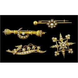 Four Victorian and Edwardian gold split pearl set brooches including star, crescent moon and flower design