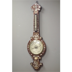  19th century inlaid rosewood wheel barometer, engraved silvered dial signed 'Maspoli' Hull', with thermometer, mother and pearl foliage and floral inlays, H99cm  