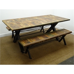  Rectangular rustic planked effect dining table, 'X' metal supports (200cm x 100cm, H79cm) and two matching benches  