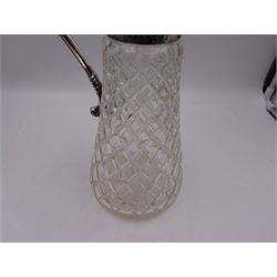 Modern silver mounted glass claret jug, with capped C scroll handle, engraved collar and urn finial to cover, hallmarked Charles S Green & Co Ltd, Birmingham 1973, H32.4cm