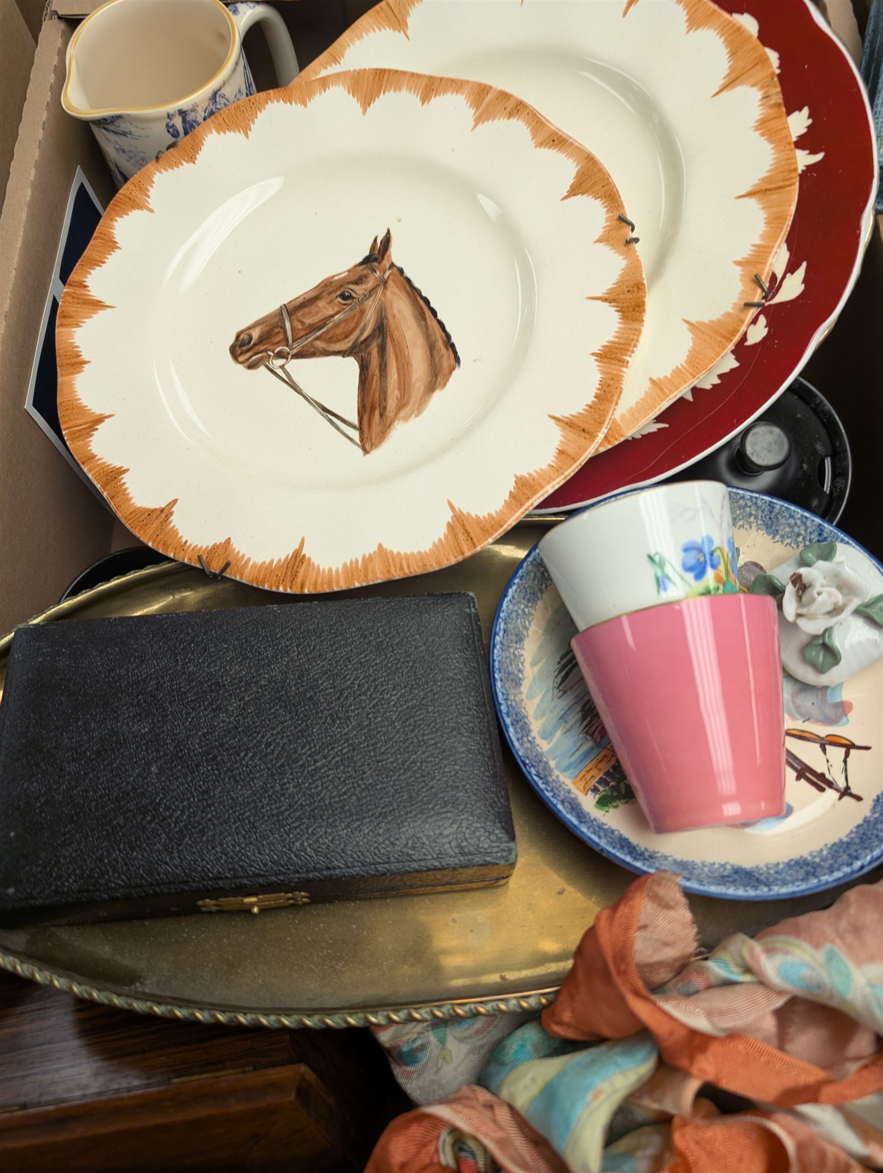 Collection of silver plate including twin-handled tray, cut glass, ceramics and other collectibles, in five boxes