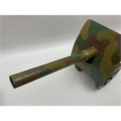 1930s French model cannon, painted in camouflage colours, H24cm, L60cm