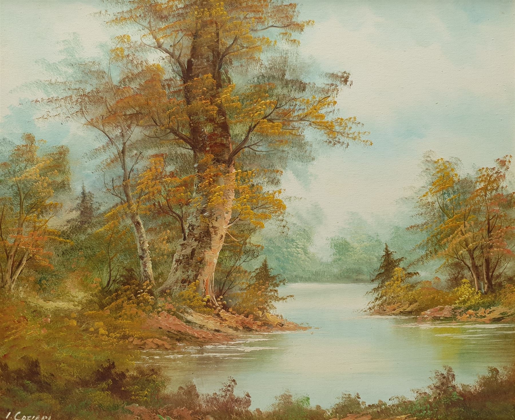 W Jones (20th century): Harbour Scene, oil on canvas signed 45cm x 60cm; I Cafieri: Landscape, oil on canvas signed 50cm x 60cm (2)