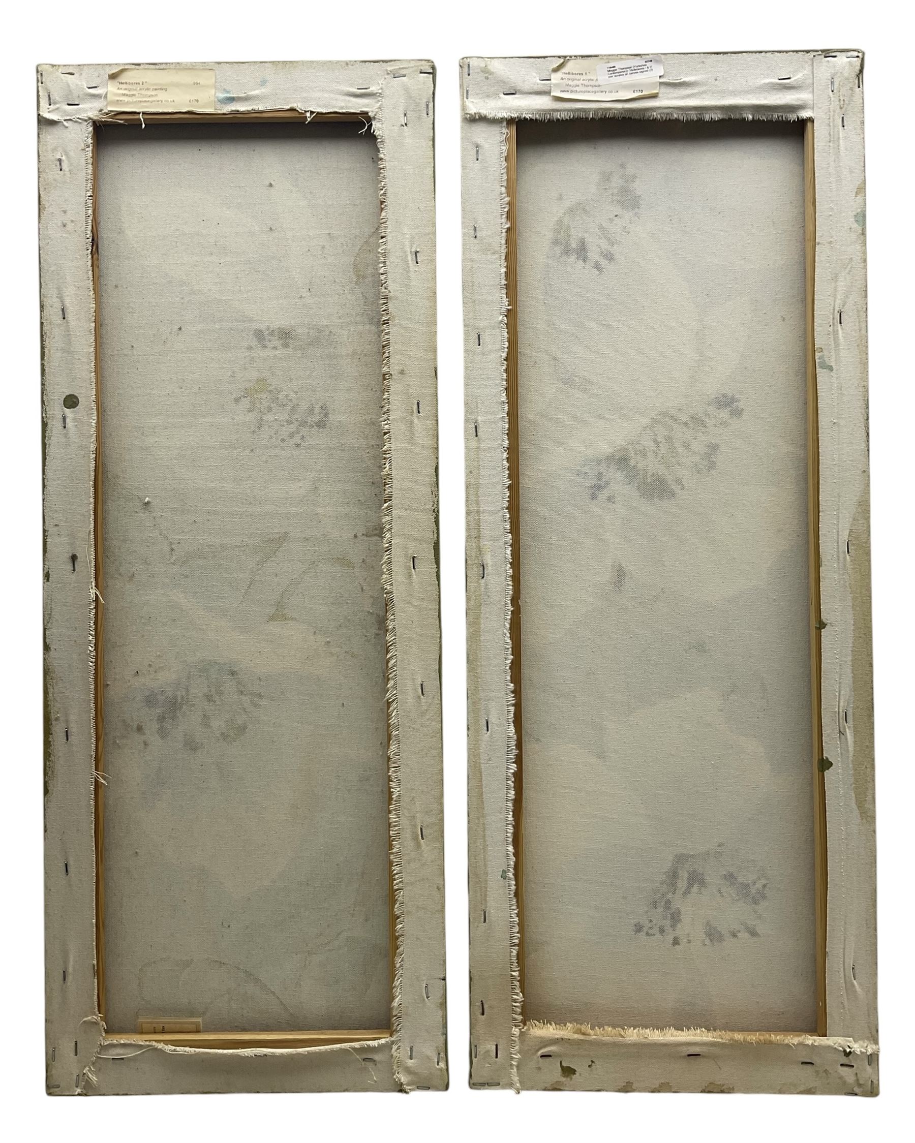 Maggie Thompson (Yorkshire Contemporary): 'Hellebores I & II', pair acrylics on canvas signed, 85cm x 33cm  (2)