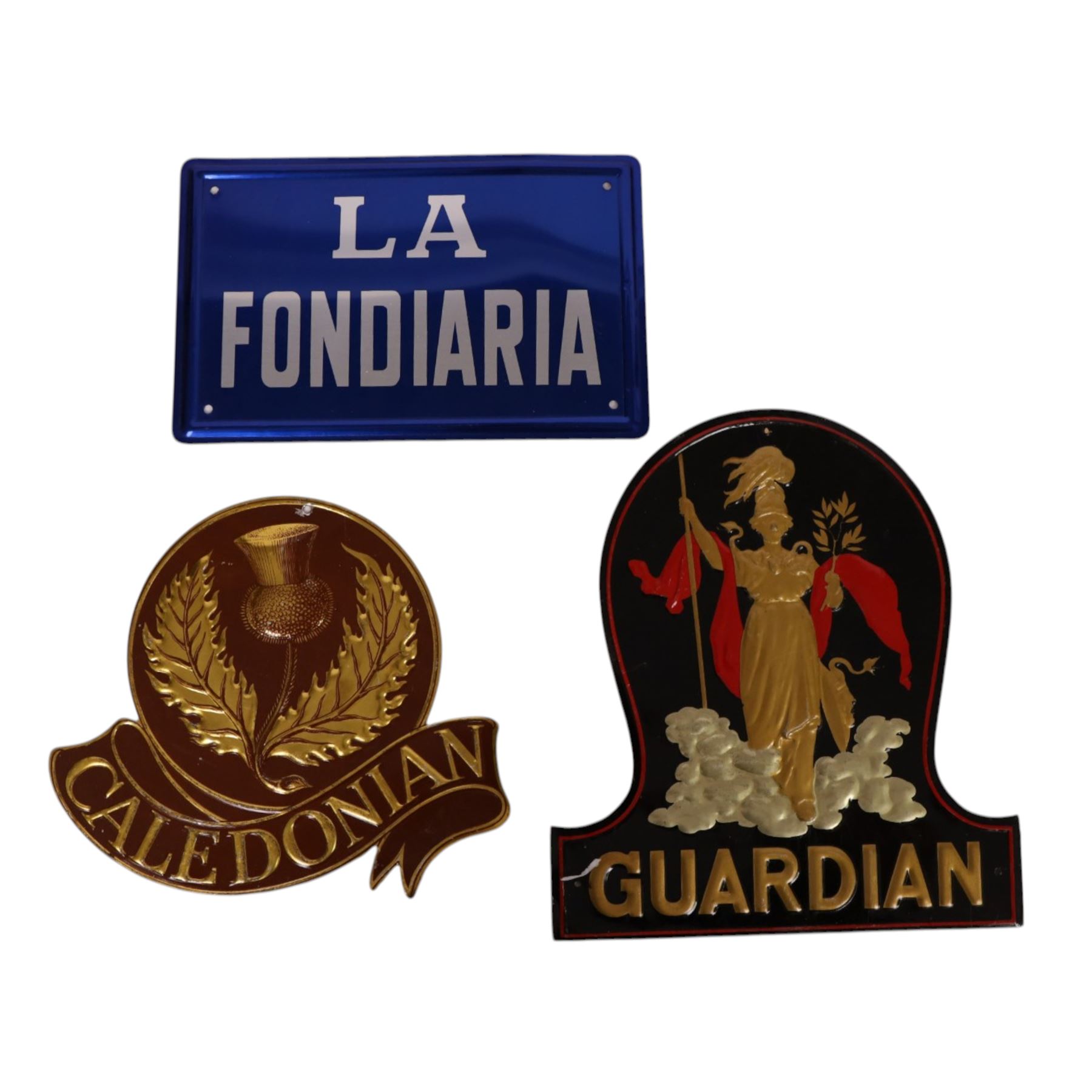 Group of eight fire insurance marks, comprising four Guardian Assurance Company, two Reliance Insurance Company, one Caledonian Insurance Company and one French La Fondiaria, Guardian example H23cm