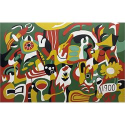 Christine Gloria Cox (Scarborough 1942-2014): '1900', collage of acrylic panels signed and titled with Yorkshire Artists Exhibition label verso 61cm x 92cm (unframed)