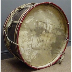  Early 20th century Regimental bass drum, original rope rigging, paintwork and skin drum, D72cm   