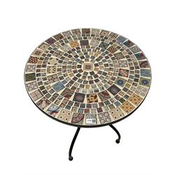 Black painted metal bistro set, circular table with mosaic top, and pair of folding chairs with mosaic panels 
