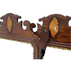 Pair of early 20th century Georgian Chippendale mahogany design wall mirrors, shaped pediment and terminal with shell motif inlays, rectangular bevelled plate within a foliate carved gilt slip