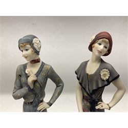 Set of four Giuseppe Armani Florence figures, Iris, Rose, Lily and Daisy, each modelled as ladies in 1920s dress amongst flowers, with names and signature inscribed and upon mahogany base, H23cm