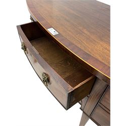George III mahogany bow-fronted sideboard, mahogany banded top over three drawers and cupboard, fitted with lion mask and hoop handles, on square tapering supports with spade feet