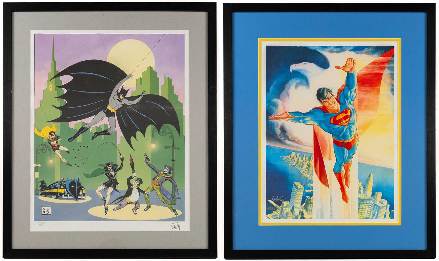 Two limited edition signed prints, comprising 'Batman: The Golden Years', signed to bottom right corner by Batman co-creator Bob Kane, printer's proof no. 87/100, released to commemorate Batman's 50th Anniversary and 'Superman: The Soaring Eagle', signed to bottom left by Jose Luis Garcia-Lopez, released to commemorate Superman's 50th Anniversary, artwork largest H50cm, W40cm, framed