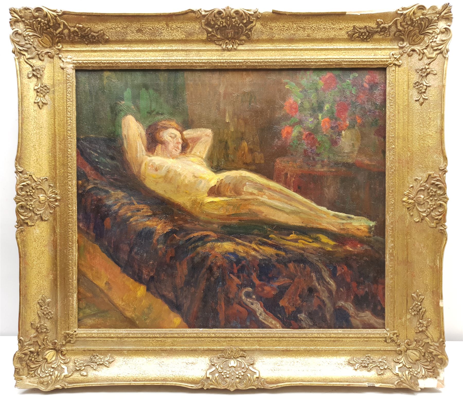 Circle of Roderic O'Conor (Irish 1860-1940): Reclining Nude with Vase of Roses, oil on canvas unsigned 53cm x 63cm
