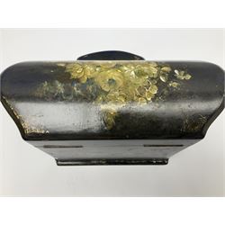 Victorian papier-mâché stationary box, of rounded wedge form with mother of pearl escutcheon, the hinged and curved cover and sides hand painted with floral sprays, opening to reveal a lined and fitted interior, H15cm L22cm D16cm