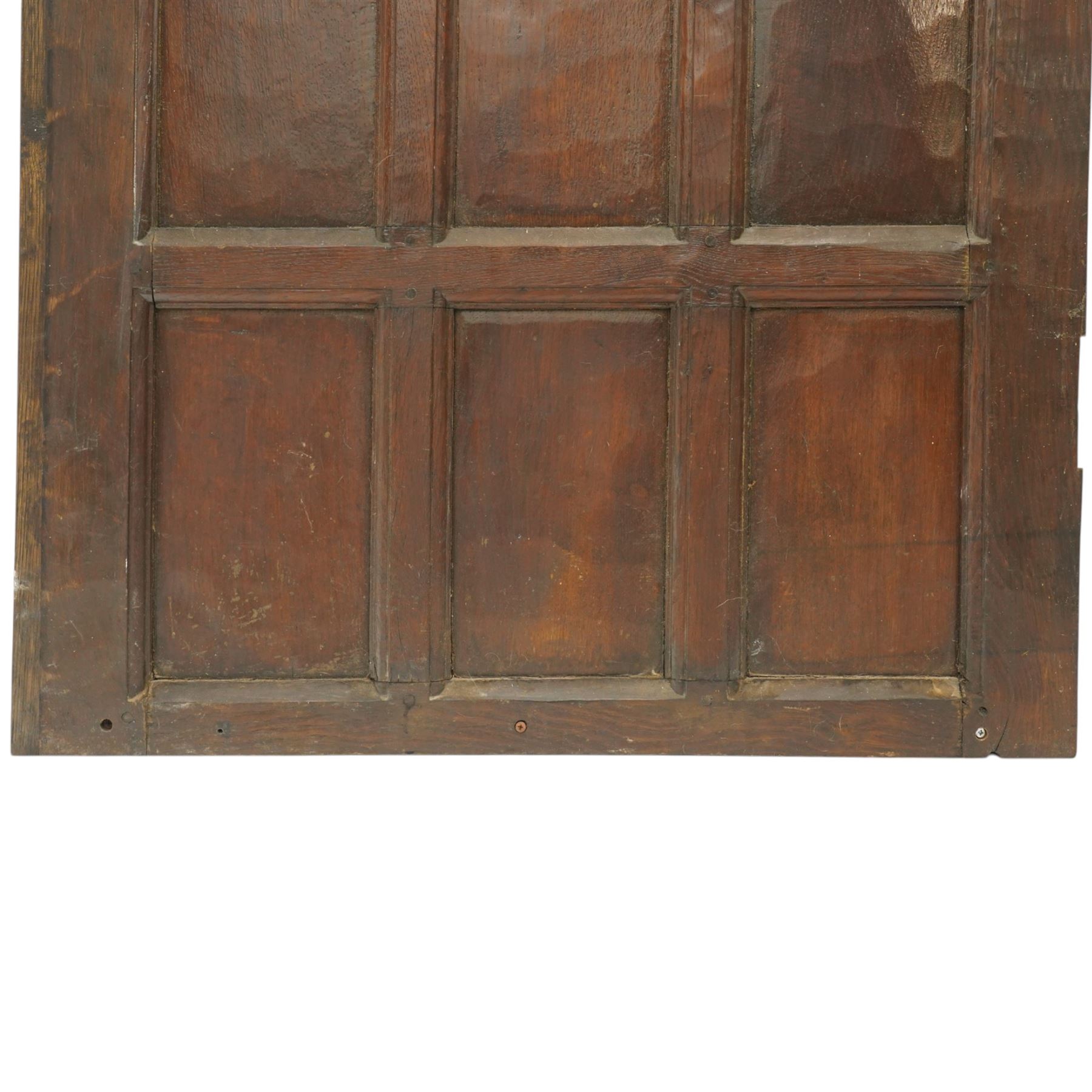 Mouseman - 1940s panelled and adzed oak front door with frame, iron rope twist handles, with carved mouse signature, by Robert Thompson of Kilburn 