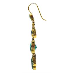 Pair of late 19th/early 20th century green paste pendant earrings, mixed-cut green pastes in pinched claw open-backed settings, gilt metal mounted, with gold hooks