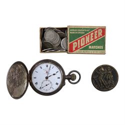 Silver Bravington's pocket watch, collection of Great British and World coins, including approximately 80 grams of pre-1947 silver, silver Cycling Touring badge with token and medals including WWII star and Defence Medal