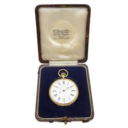 Victorian 18ct gold open face keyless lever chronograph pocket watch by P. Shackleton, Sowerby Bridge, No. 27427, white enamel dial with Roman numerals, case makers mark FK, London 1884