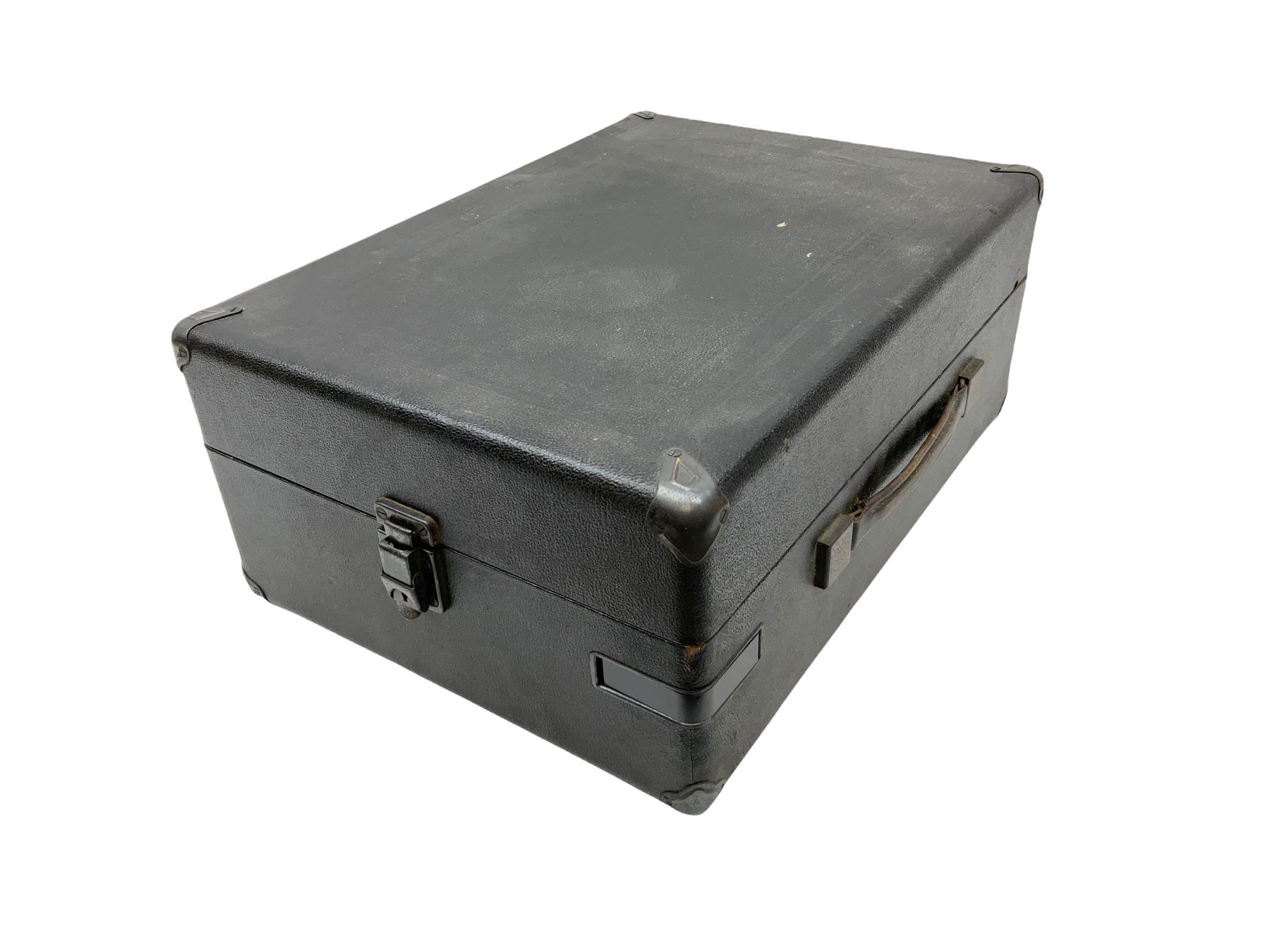 HMV portable wind up gramophone in a black case, together with a collection of records. 