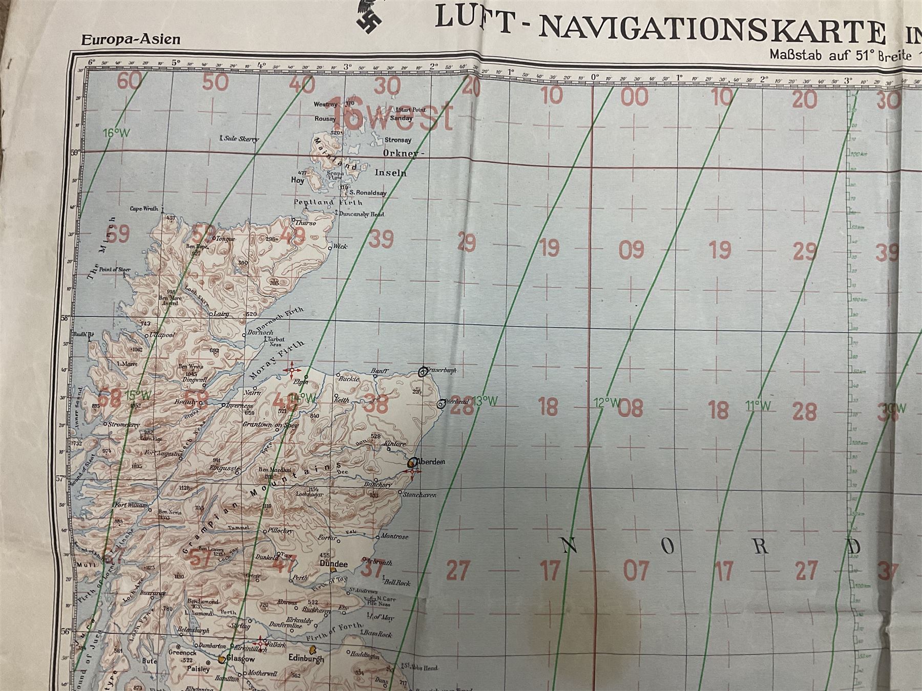WWII German navigation map, Luft-Navigationskarte in Merkatorprojektion, of England, France, Netherlands, Denmark, H110cm, W74cm 