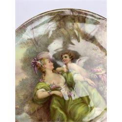 Late 19th century porcelain plate, hand painted by Frederick Sutton, depicting a female figure and putto within a wooded landscape, with recumbent sheep and brook to the fore, signed F N Sutton, unmarked verso, D22.5cm

Frederick Sutton was employed as a painter at the notable factories of Royal Worcester, Coalport, and Minton. 
