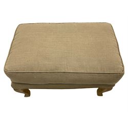French rectangular footstool, upholstered in hessian type cover, with loose cushion top