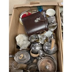 Collection of silver plate, including trays, jugs, wine holder, together with binoculars and other collectables, in two boxes  