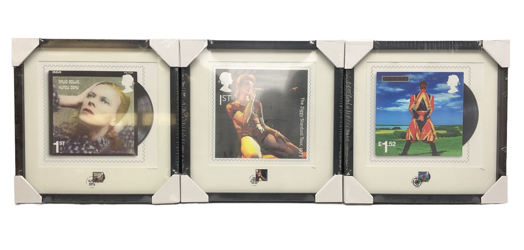 Set of three Royal Mail David Bowie limited edition album stamp prints, comprising  Ziggy Stardust Tour, Hunky Dory and Earthling, all framed and in original packaging, H43cm W43cm