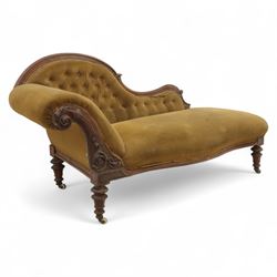 Victorian walnut framed Chaise longue, with carved scroll decoration and an out-swept butt...
