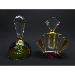  Art Deco style fan shaped clear and amber glass scent bottle on prism glass base, H16cm and similar scent bottle with rounded body (2)  