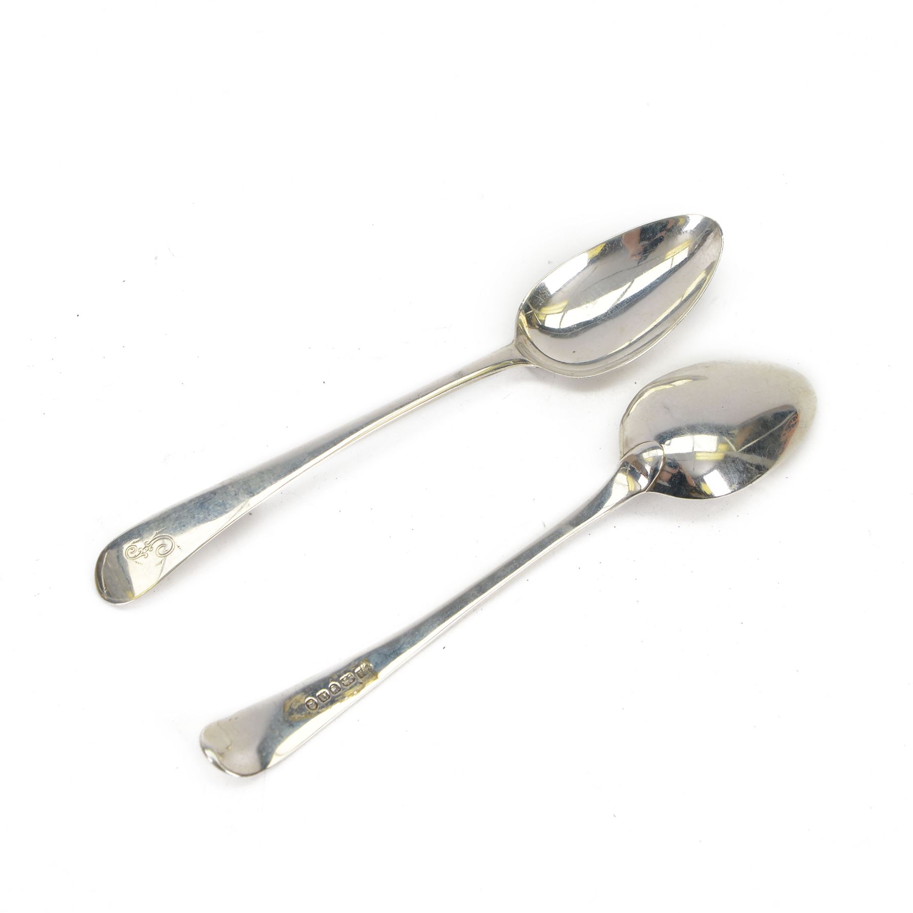 Pair of George III silver Old English pattern table spoons, with engraved initials to terminal, hallmarked Hester Bateman, London 1788