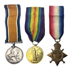 WW1 group of three medals comprising British War Medal, 1914-15 Star and Victory Medal awarded to 61813 Bmbr. E. Robbins R.F.A./R.A.; with ribbons