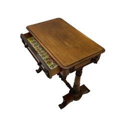 Victorian rosewood stretcher table, moulded rectangular top with rounded corners over single drawer, turned and carved twin pillar supports on platforms joined by turned stretcher, scroll carved feet