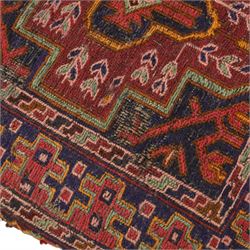 Two upholstered and caned footstools, a late Victorian carved mahogany footstool, oval form upholstered in geometric kilim-style fabric, on cabriole supports (H 27cm, W 56cm, D 47cm), together with a 20th century beech stool, square caned seat on turned supports united by stretchers (H 43cm, W 44cm, D 37cm)