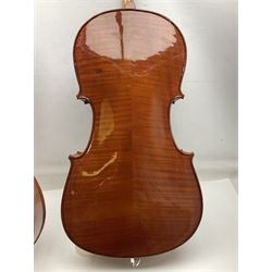 Modern Hungarian half-size cello with 69cm two-piece maple back and ribs and spruce top L114cm overall; and Stentor half size cello bearing label 'The Stentor Student II'; each in soft carrying case (2)
