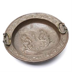 18th century Venetian copper two handled brazier, the base embossed with figures emerging from a cornucopia and a bishop's mitre, the border with embossed scrolls etc D50cm