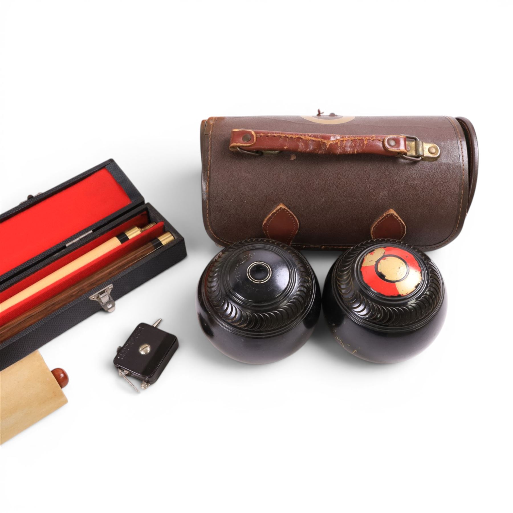 Two sets of cased bowls, together with bowls print etc